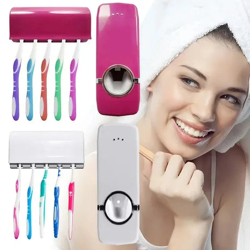 Modern wall mounted toothbrush holder with automatic toothpaste dispensing system.