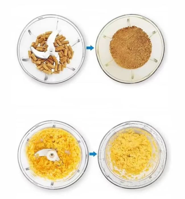 Portable mini turbo chopper for quick vegetable and food preparation.