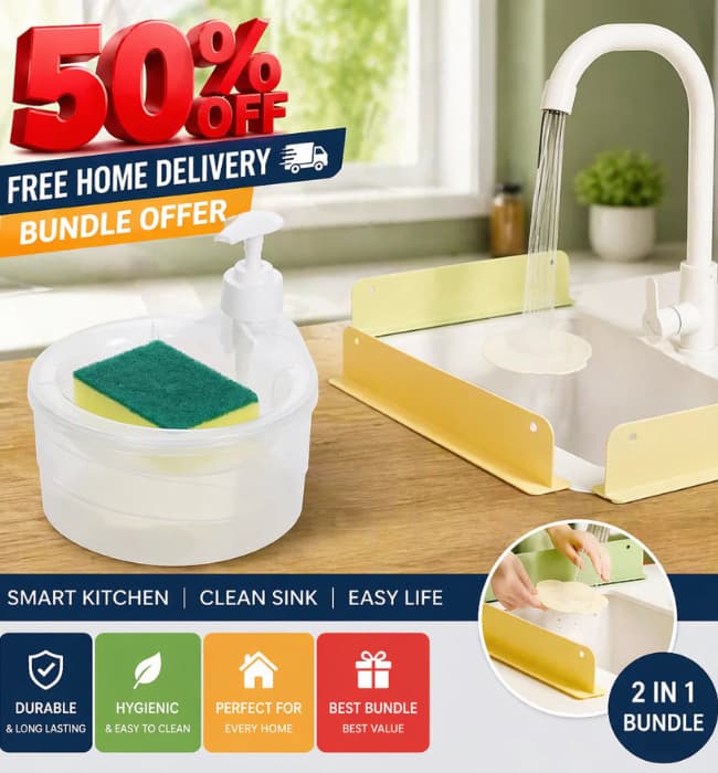 Kitchen sink splash guard with soap dispenser for clean washing area.