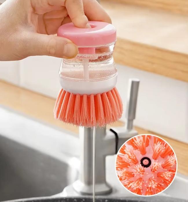 Self dispensing cleaning brush for quick and hygienic kitchen dishwashing.