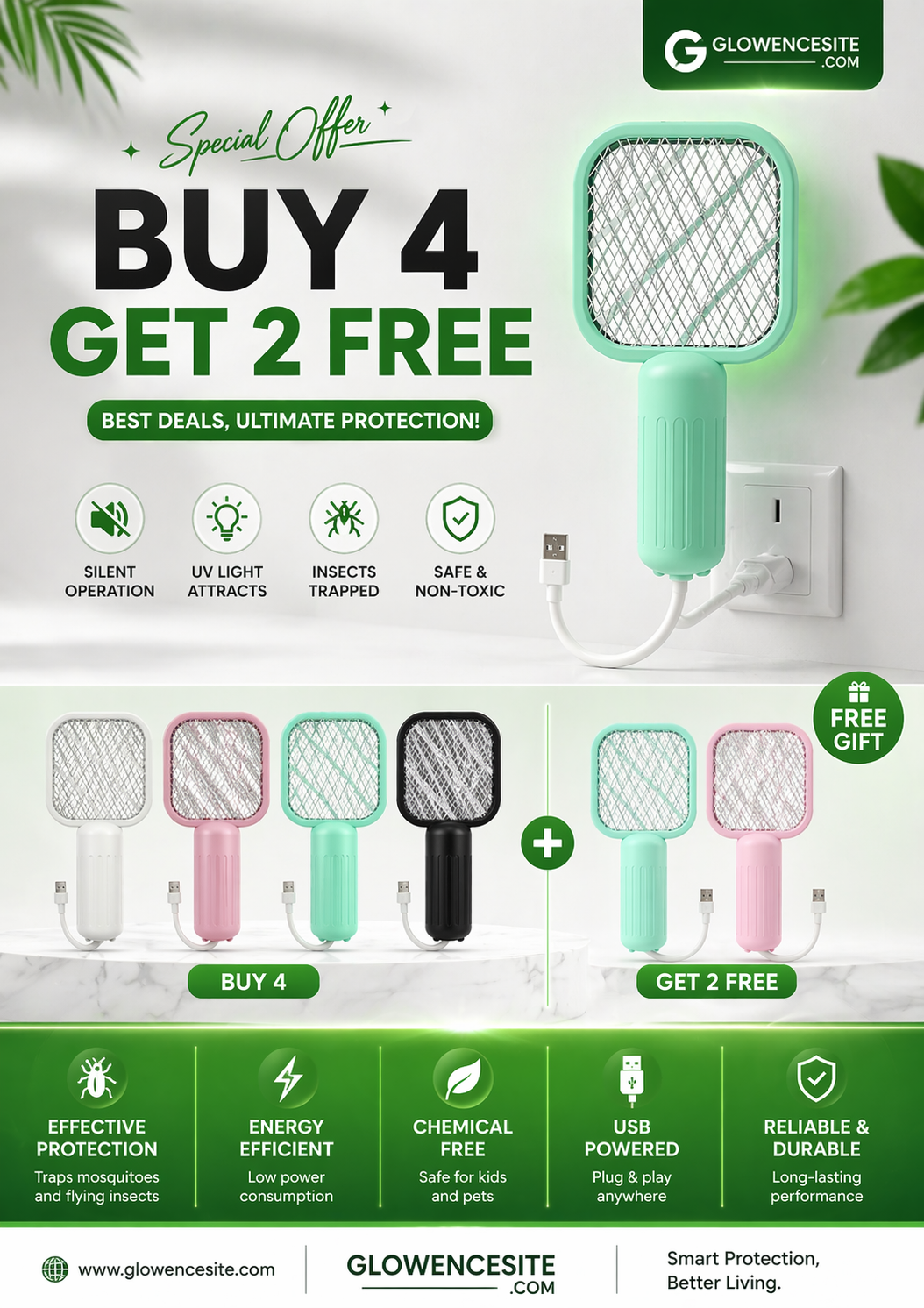 USB rechargeable mosquito racket for quick mosquito protection.