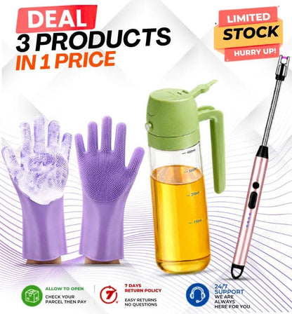 Kitchen combo set including oil dispenser, lighter, and cleaning gloves.