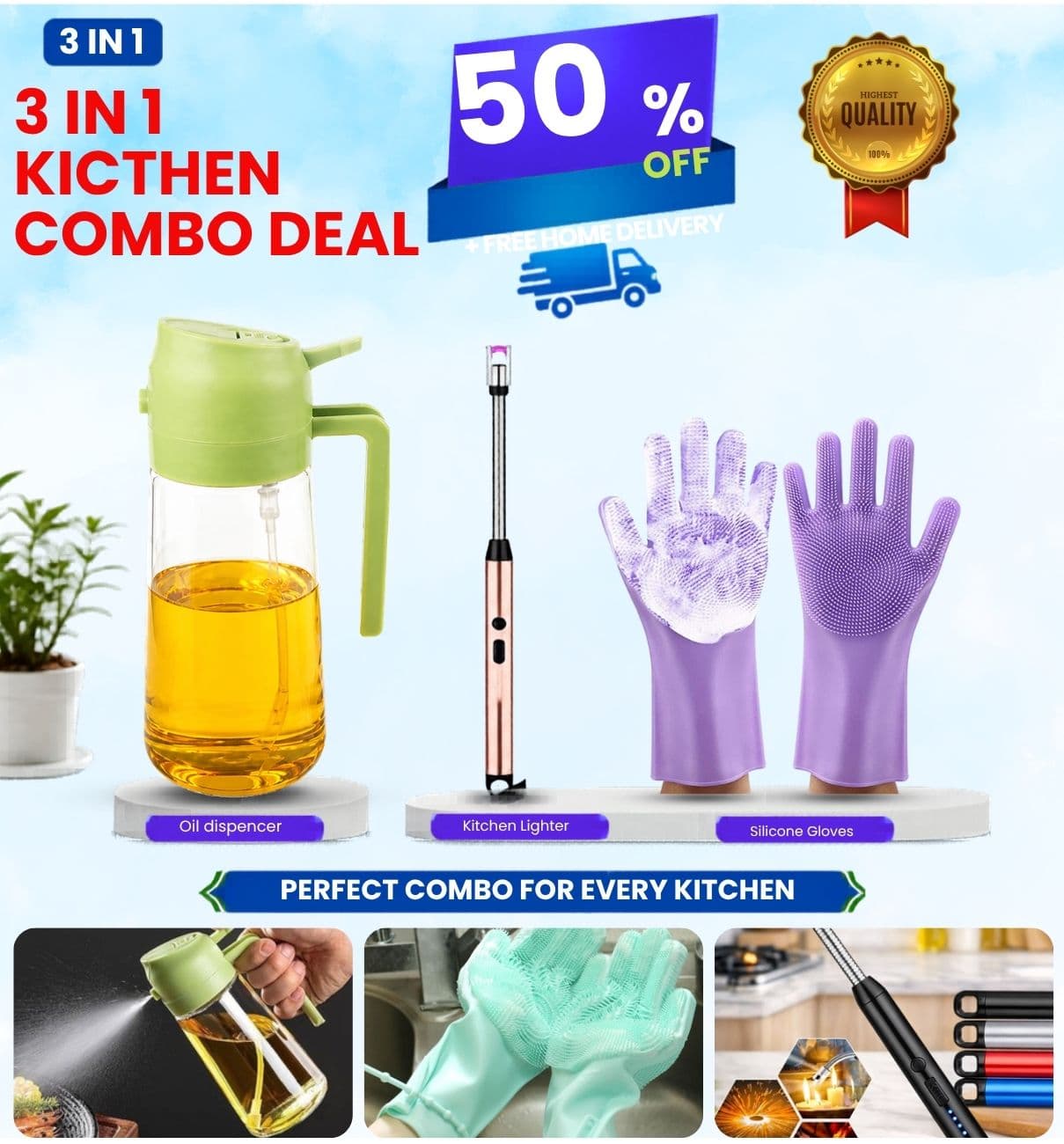 3 in 1 kitchen combo deal with lighter, oil dispenser, and silicone gloves.