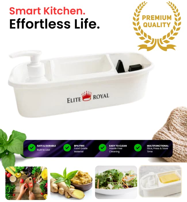 3 in 1 sink organizer with soap dispenser and sponge holder tray.