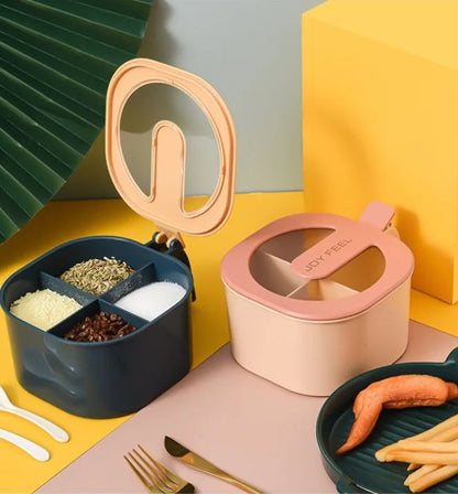 4-in-1 kitchen spice box with spoons for organized cooking spices storage.