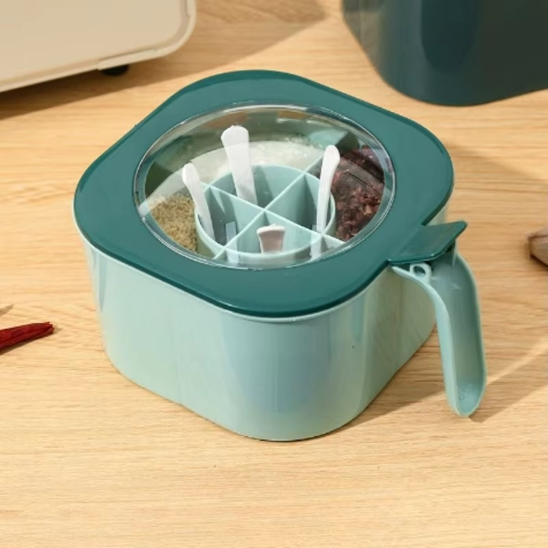 Durable 4-in-1 spice container for salt, pepper, and cooking spices.