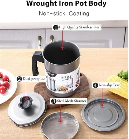Carbon steel cooking oil container with fine mesh strainer filter.