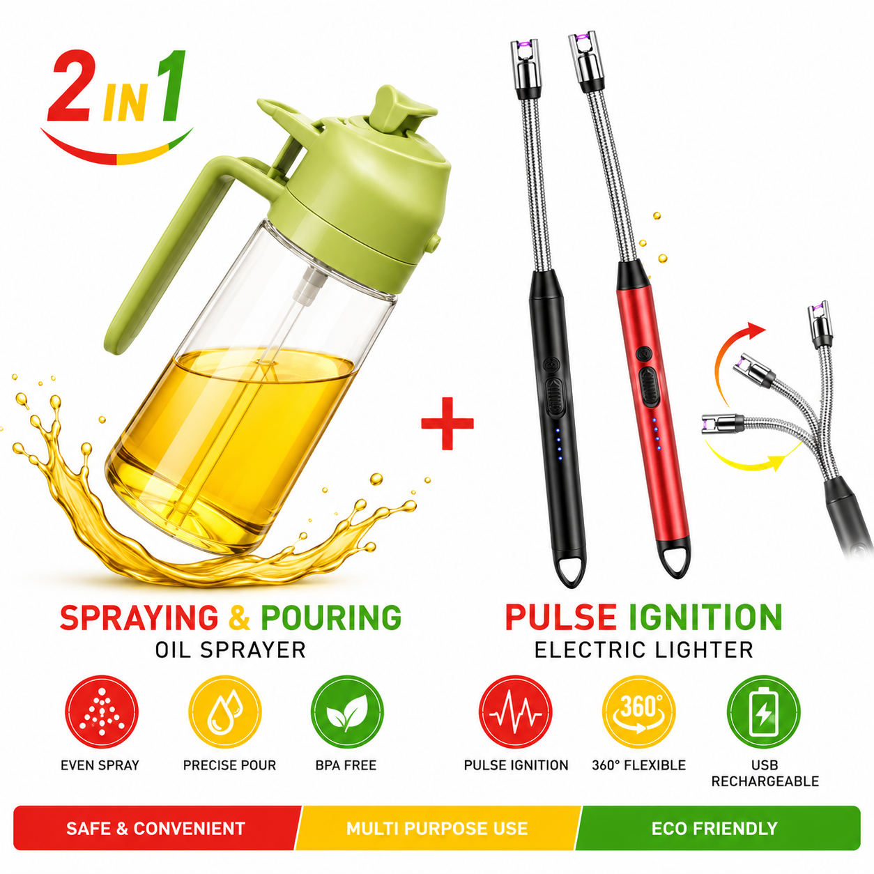 Smart Kitchen Combo: Oil Dispenser + USB Electric Lighter