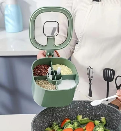 Compact spice organizer box with 4 compartments and measuring spoons.