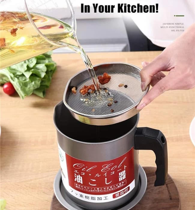 Cooking oil strainer container for removing grease and food particles.