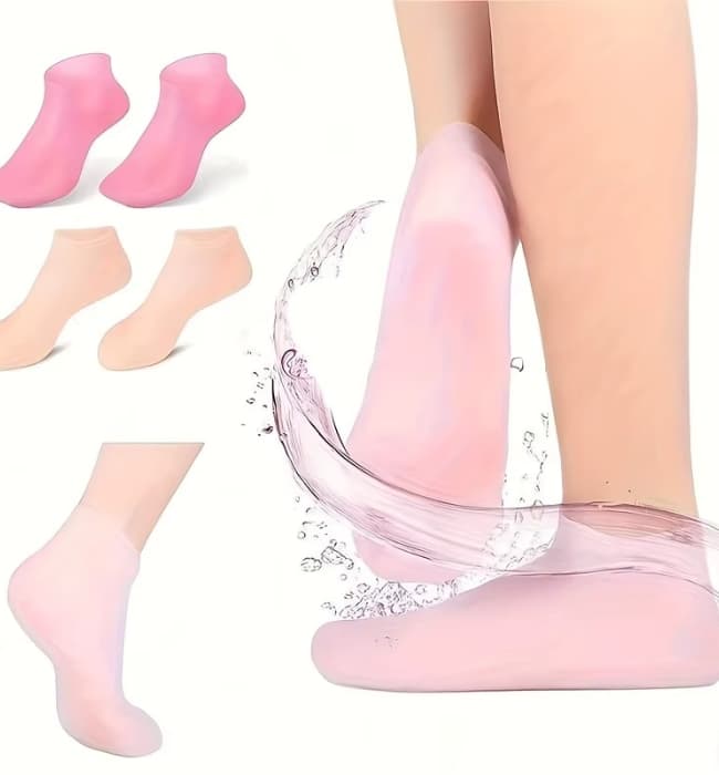 Reusable silicone gel socks for soft feet and deep heel hydration.