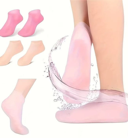 Reusable silicone gel socks for soft feet and deep heel hydration.