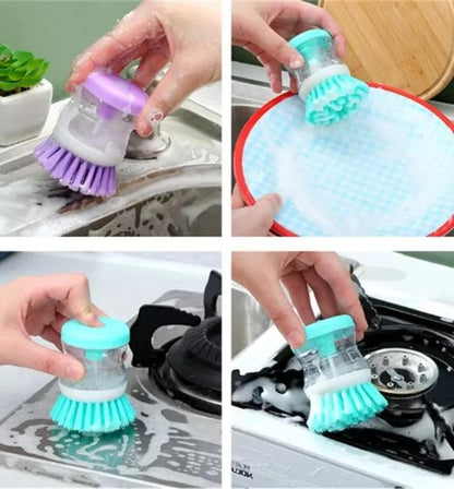 Soap dispensing cleaning brush for washing plates, cups, and kitchen dishes.