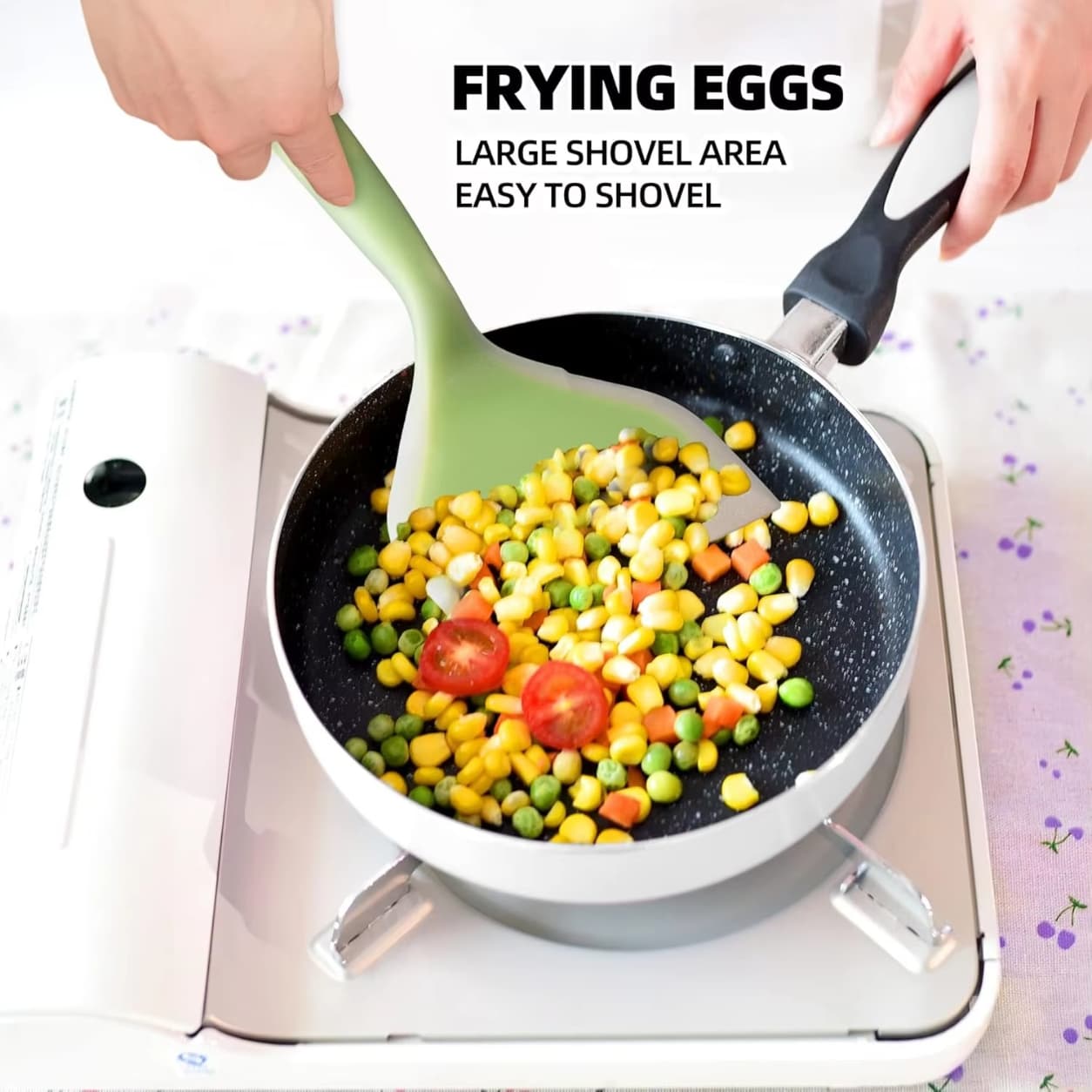 Durable heat resistant silicone spatula for safe non-stick cookware use.