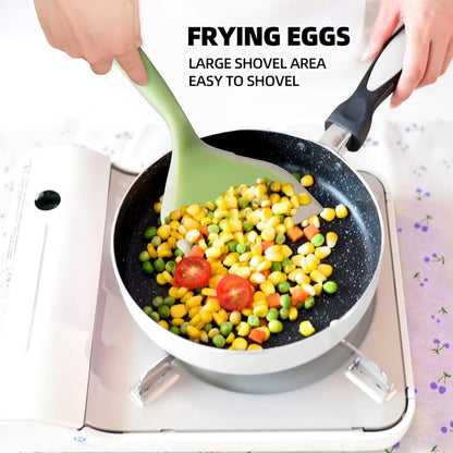 Durable heat resistant silicone spatula for safe non-stick cookware use.