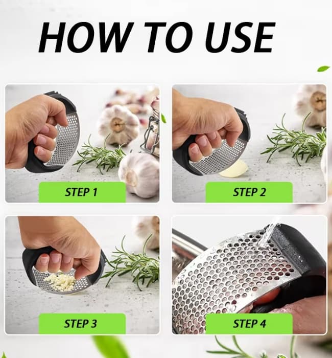 Durable stainless garlic press tool for fast kitchen food prep.