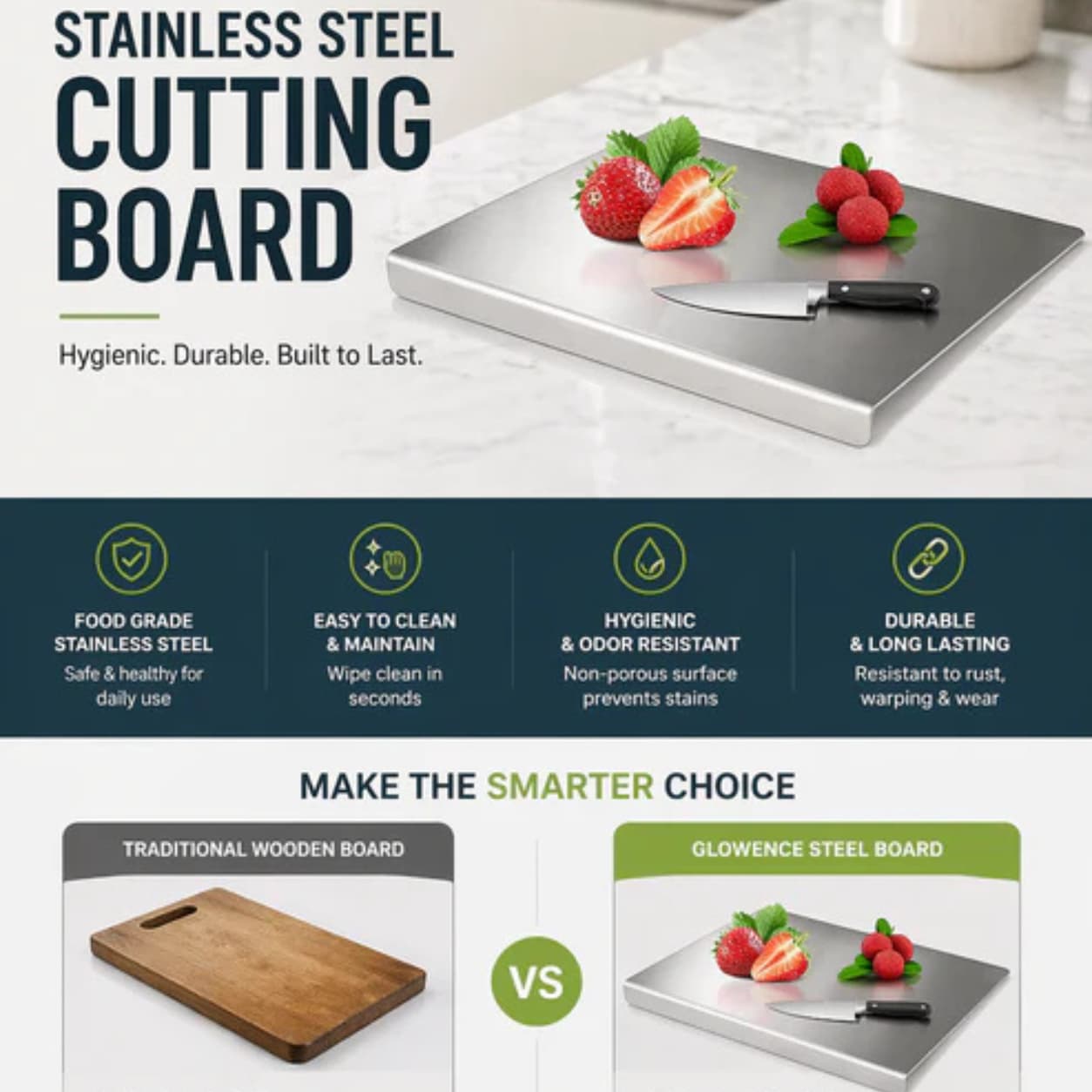 Food grade stainless steel chopping board for kitchen daily use.