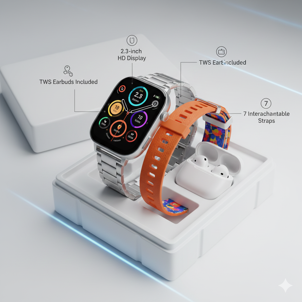 i20 Ultra Max Smartwatch - 2.3 HD Display, 7-Strap Combo & Earbuds (10-in-1)