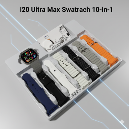 i20 Ultra Max Smartwatch - 2.3 HD Display, 7-Strap Combo & Earbuds (10-in-1)