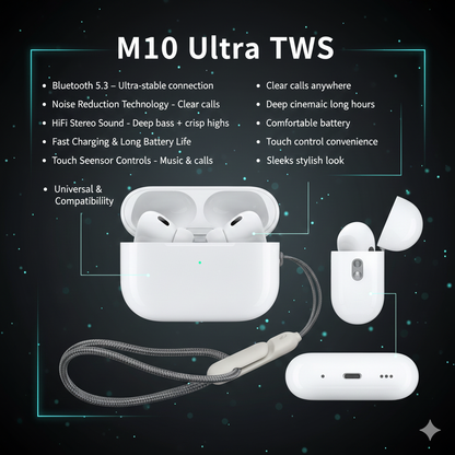 M10 Ultra TWS Earbuds | Bass Boost & Noise Reduction | Fast-Charging Bluetooth Earbuds