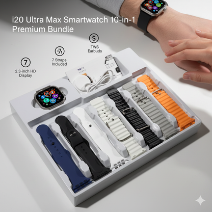 i20 Ultra Max Smartwatch - 2.3 HD Display, 7-Strap Combo & Earbuds (10-in-1)
