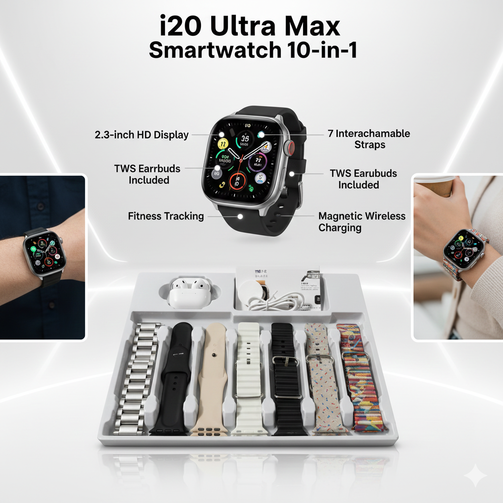 i20 Ultra Max Smartwatch - 2.3 HD Display, 7-Strap Combo & Earbuds (10-in-1)
