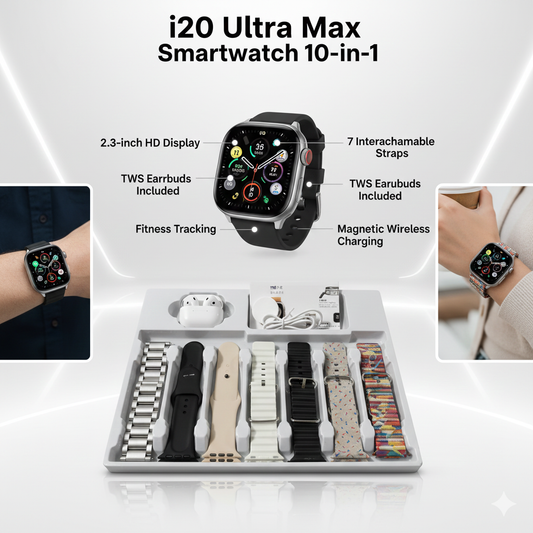 i20 Ultra Max Smartwatch - 2.3 HD Display, 7-Strap Combo & Earbuds (10-in-1)