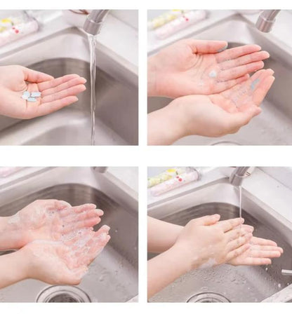 Quick dissolving soap strips that turn into foam for fast hand cleaning.