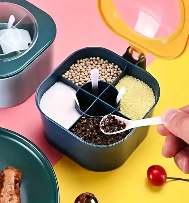 Kitchen spice organizer box with spoons for neat and easy seasoning access.