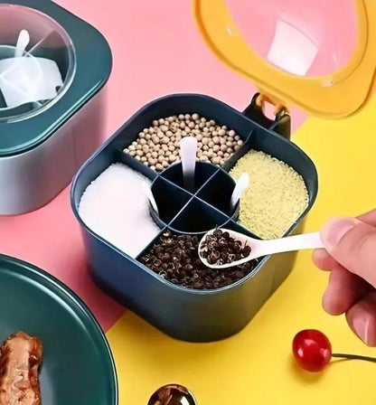 Kitchen spice organizer box with spoons for neat and easy seasoning access.