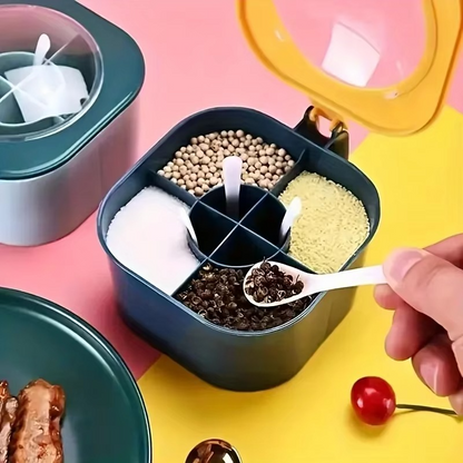 Multi-compartment spice storage box with spoons for easy kitchen use.