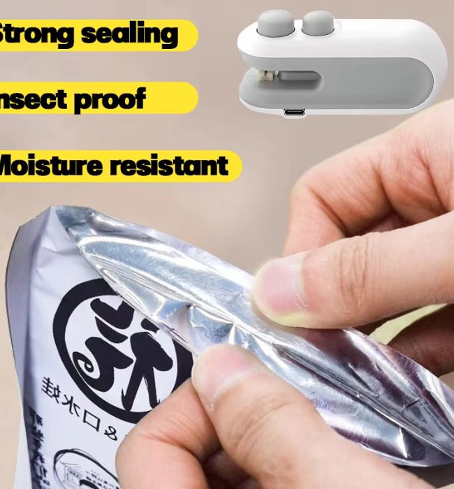 Compact plastic bag sealing machine for keeping snacks fresh longer.