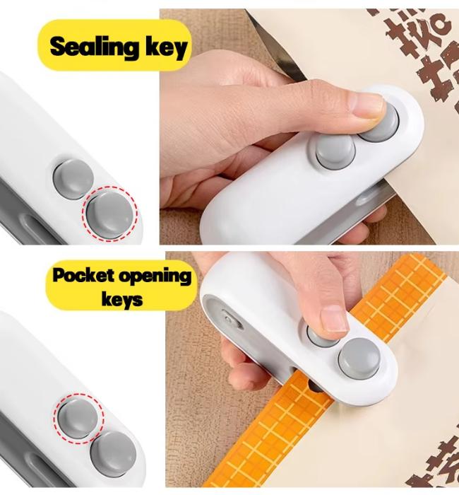 Mini heat sealer for airtight sealing of kitchen food storage bags.