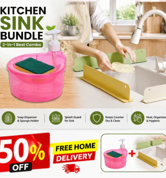 Silicone sink splash guard and soap dispenser kitchen bundle set.