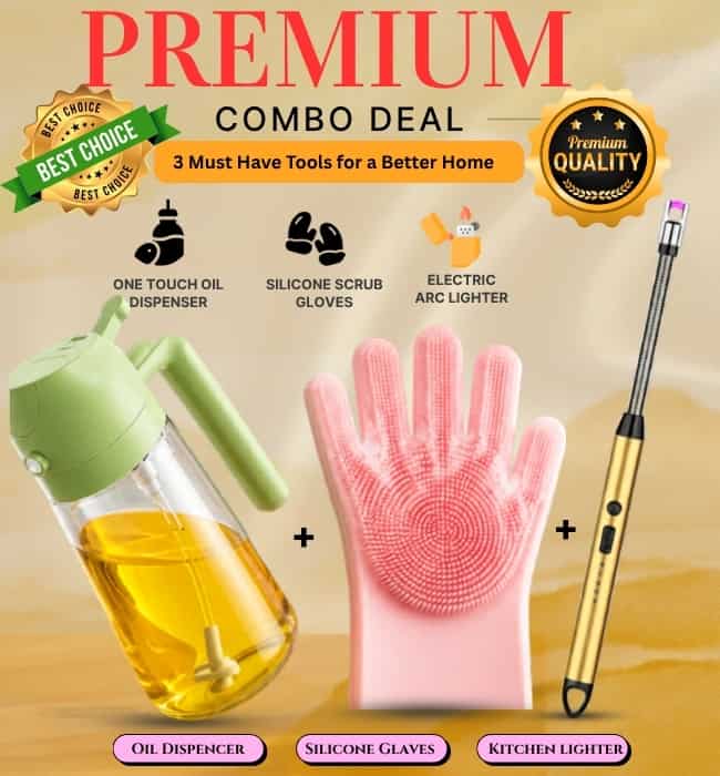 3 in 1 kitchen bundle with oil bottle, gas lighter, and silicone gloves.
