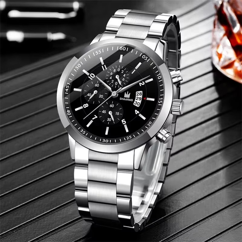 Luxury Men’s Stainless Steel Quartz Watch Set – Premium Dial + Bracelet