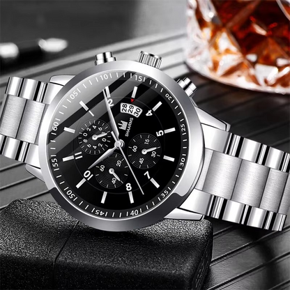 Luxury Men’s Stainless Steel Quartz Watch Set – Premium Dial + Bracelet