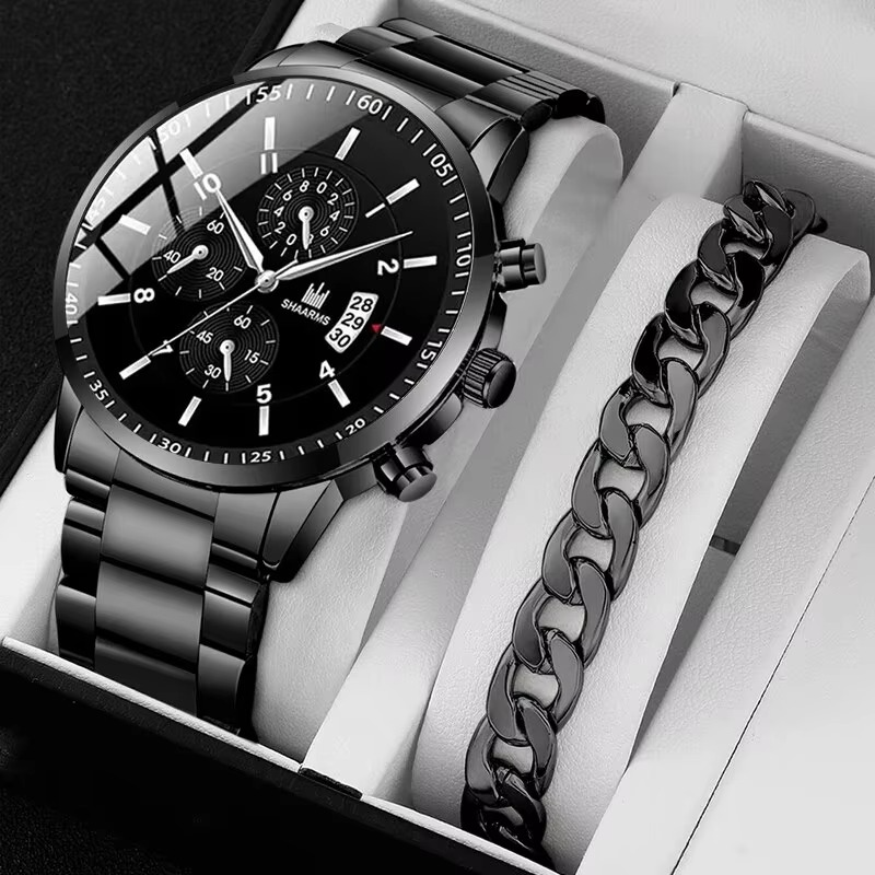 Luxury Men’s Stainless Steel Quartz Watch Set – Premium Dial + Bracelet