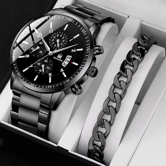 Luxury Men’s Stainless Steel Quartz Watch Set – Premium Dial + Bracelet