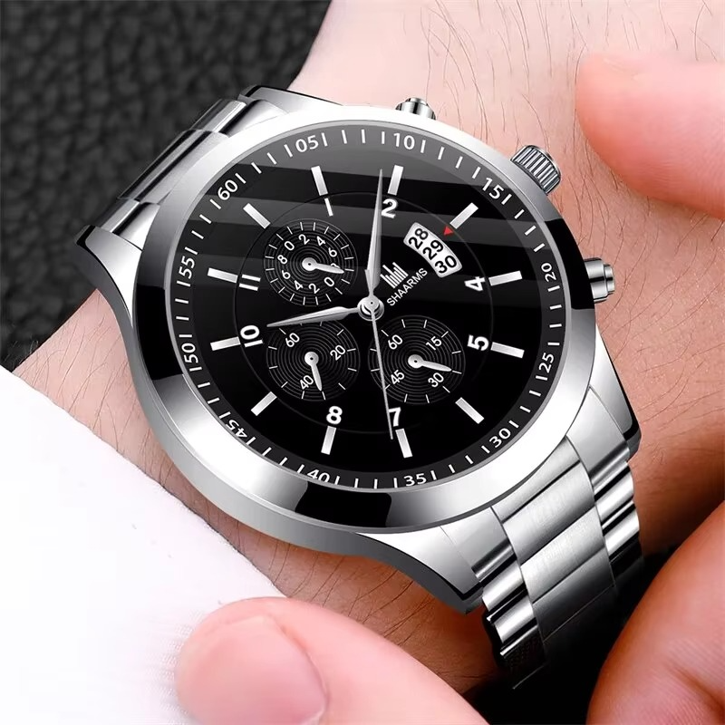 Luxury Men’s Stainless Steel Quartz Watch Set – Premium Dial + Bracelet