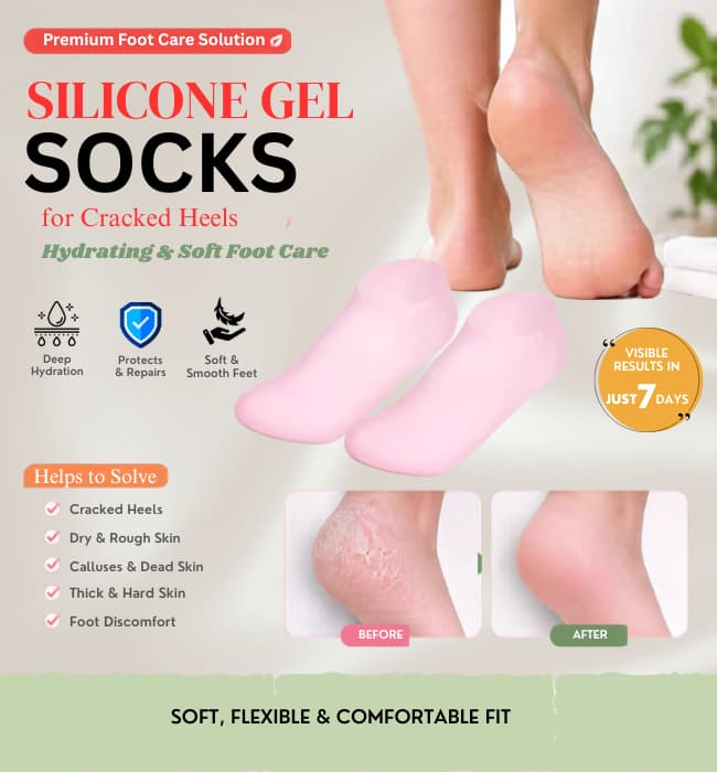 Hydrating silicone gel socks for soft and smooth cracked heel care.