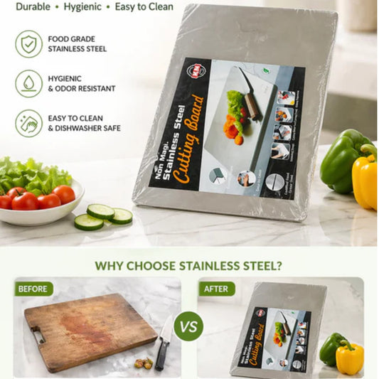 Stainless steel cutting board for safe and hygienic food preparation.