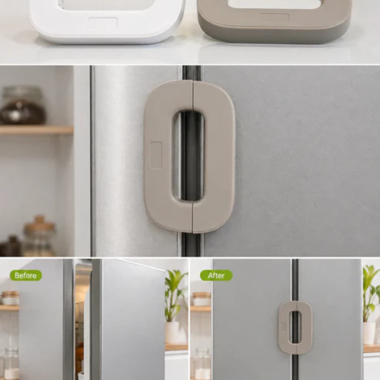 Strong adhesive fridge door lock for baby safety at home.