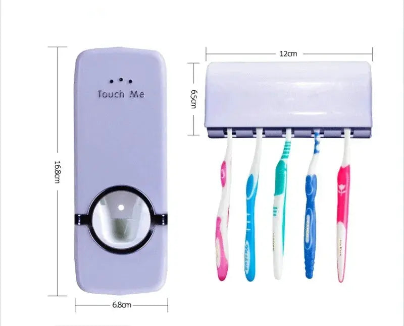Wall-mounted toothbrush holder and automatic toothpaste dispenser with measurements, holding five toothbrushes.