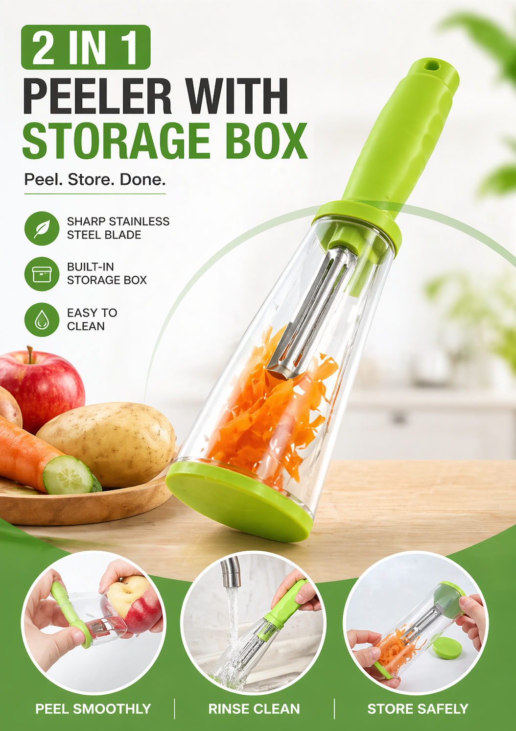 Vegetable peeler with built-in storage container for safe and clean kitchen usage