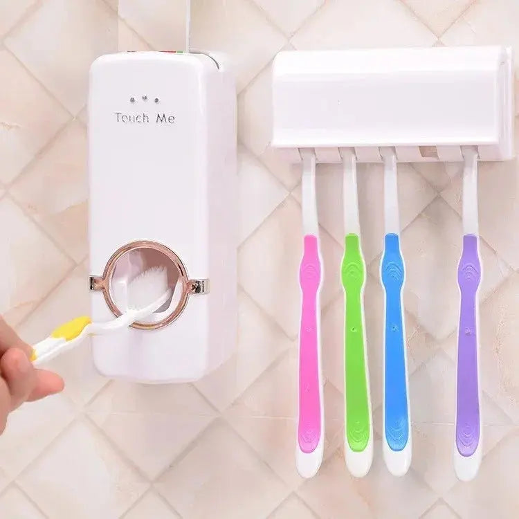 Space saving toothpaste dispenser with brush holder for organized bathroom sink area.