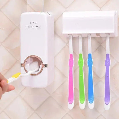 Space saving toothpaste dispenser with brush holder for organized bathroom sink area.