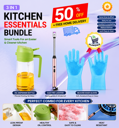 Complete kitchen combo deal for cooking, oil control, and safe handling.