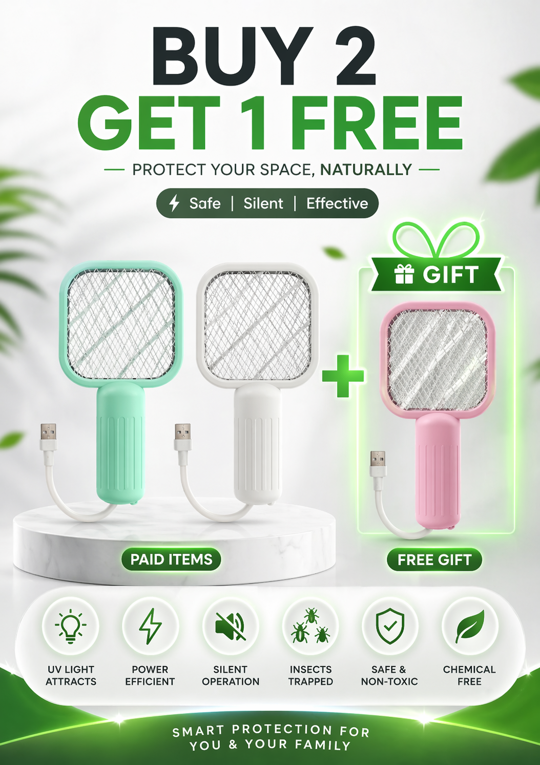Handheld mosquito killer swatter for safe and easy use.