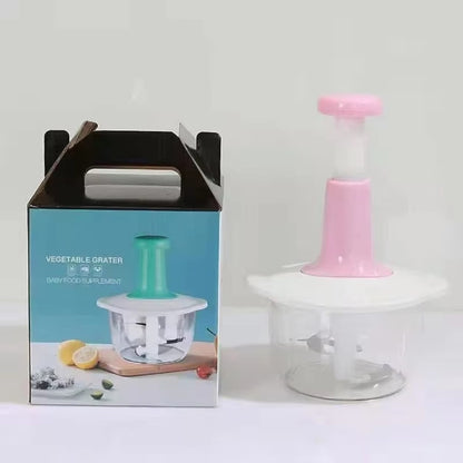 Hand press food chopper for cutting onions, vegetables, and fruits.